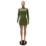 Army Green High Neck Long Sleeve Thumb Hole Mini Bodycon Dress