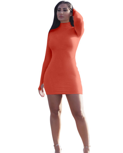 Orange Thumb Hole High Neck Long Sleeve Mini Bodycon Dress
