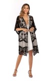 Black 3/4 Sleeve Floral Lace Cardigan Bikini Cover Up