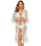 Embroidery Floral Tie Front Sheer Lace Beach Kimono Cover Up