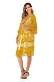 Yellow 3/4 Sleeve Floral Lace Bikini Cover Up Beach Cardigan