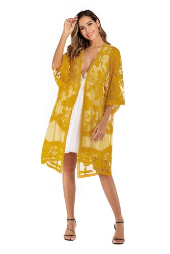 Yellow 3/4 Sleeve Floral Lace Bikini Cover Up Beach Cardigan