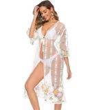 Embroidery Floral Tie Front Sheer Lace Beach Kimono Cover Up