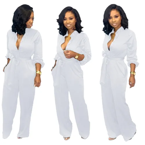White Button Down Waist Tie Wide Leg Shirt Jumpsuit