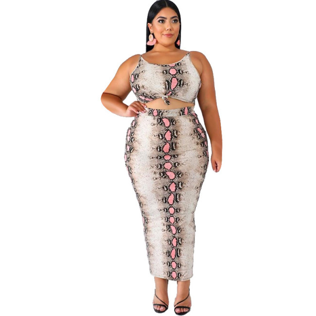 Plus Size Snakeskin Print Crop Top and Skirt Set 