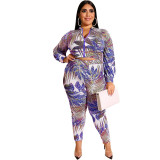 Plus Size Leaf Print Crop Jacket & High Waist Pants