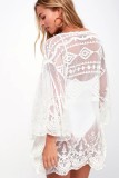 White Embroidery Lace Batwing Sleeve Mini Beach Dress