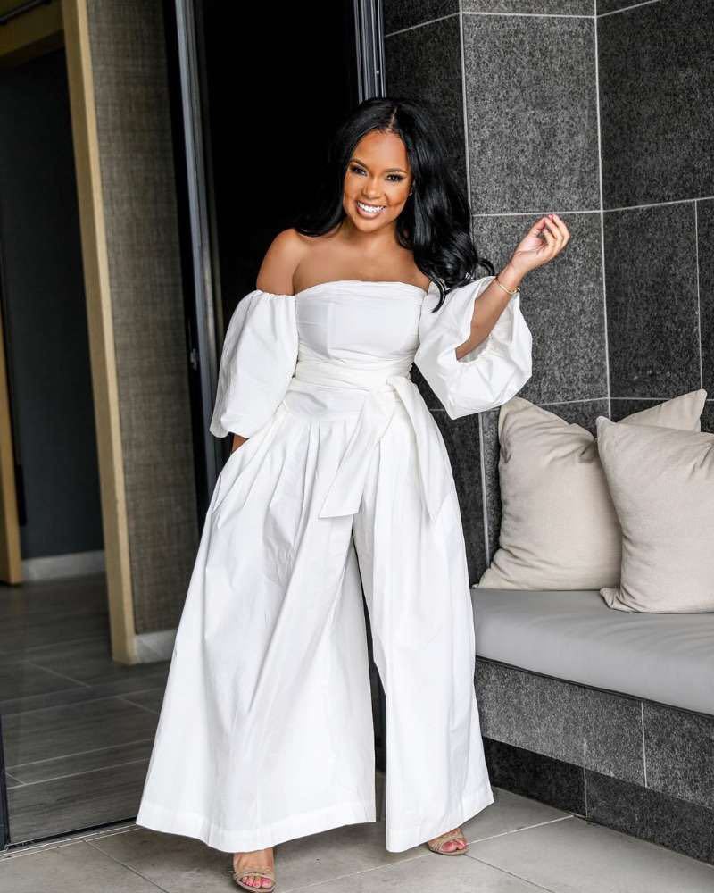 White Off Shoulder Lantern Sleeve Wide Leg Jumpsuit US 11.19