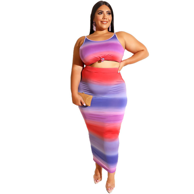 Plus Size Striped Crop Top and Skirt Set