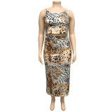 Leopard Print Plus Size Crop Top and Skirt Set