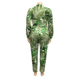 Green Plus Size Leaf Print Crop Jacket & Tight Pants