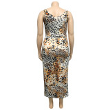 Leopard Print Plus Size Crop Top and Skirt Set