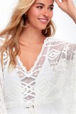 White Embroidery Lace Batwing Sleeve Mini Beach Dress