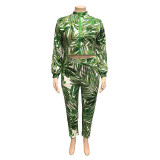 Green Plus Size Leaf Print Crop Jacket & Tight Pants