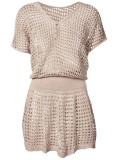 Beige Knitted Net Hollow Out Short Sleeve Mini Beach Dress