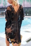 Black Hollow Out Embroidered Lace Slit Midi Beach Dress