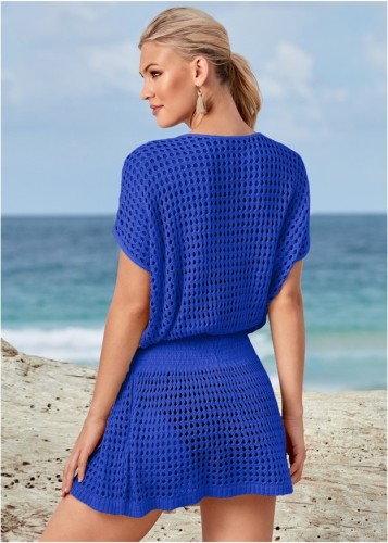 Blue Hollow Out Net Knitted Short Sleeve Mini Beach Dress