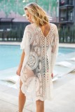 White Sheer Lace Hollow Out Batwing Midi Beach Dress