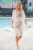 White Sheer Lace Hollow Out Batwing Midi Beach Dress