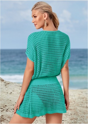 Green Knitted Net Short Sleeve Hollow Out Mini Beach Dress
