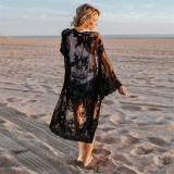 Black Floral Mesh Midi Bikini Cover Up Beach Kimono