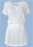 White Hollow Out Knitted Net Short Sleeve Mini Beach Dress