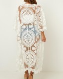 White Embroidered Sheer Mesh Long Cardigan Boho Cover Up