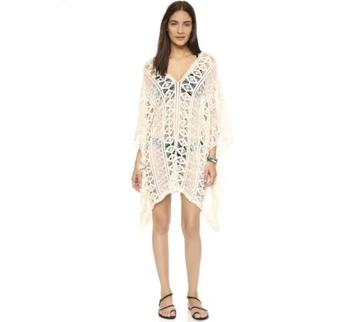 Beige Hollow Out Crochet Cover Up Batwing Beach Dress