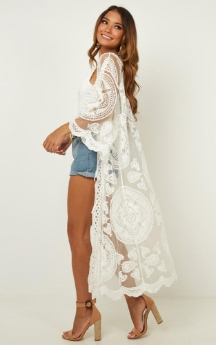 White Embroidered Sheer Mesh Long Cardigan Boho Cover Up