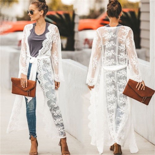 White Embroidered Lace Tie Waist Long Kimono Beach Dress