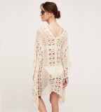 Beige Hollow Out Crochet Cover Up Batwing Beach Dress