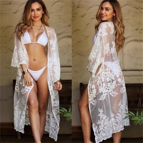 White Floral Mesh See Through Cardigan Dress Cover Up