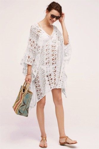 White Hollow Out Crochet Cover Up Batwing Beach Dress