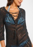 Black Lace Up Hollow Out Knit Beach Dress Tassel Cover Up