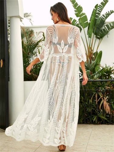 White Tie Front Sheer Embroidered Mesh Maxi Kimono Cover Up
