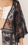 Black Floral Sheer Long Tie Front Mesh Kimono Beach Dress