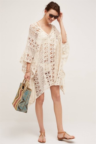 Beige Hollow Out Crochet Cover Up Batwing Beach Dress