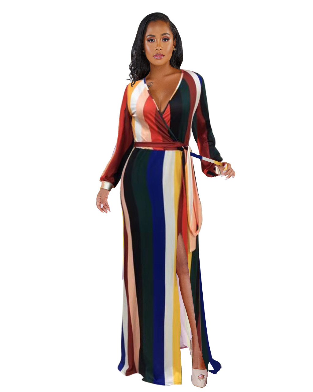 Vertical Striped Deep V Wrap Front Slit Maxi Dress US$ 8.79 - www.lover ...