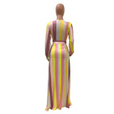 Multicolor Striped Long Sleeve Wrap Front Slit Maxi Dress