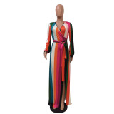 Colorful Striped Waist Tie Thigh Split Maxi Dress