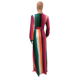 Colorful Striped Waist Tie Thigh Split Maxi Dress