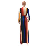 Vertical Striped Deep V Wrap Front Slit Maxi Dress