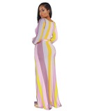 Multicolor Striped Long Sleeve Wrap Front Slit Maxi Dress