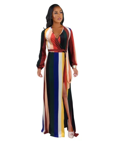 Vertical Striped Deep V Wrap Front Slit Maxi Dress