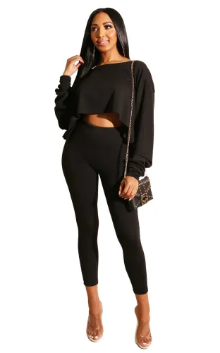 Black Boat Neck Irregular Loose Top & Leggings