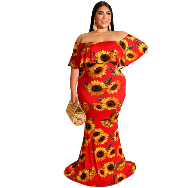 Red Off Shoulder Ruffle Sunflower Maxi Mermaid Dress