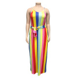 Plus Size Rainbow Striped Belted Maxi Cami Dress