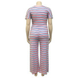 Plus Size Horizontal Striped Tie Front Tee and Pants