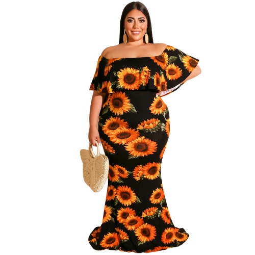 Black Off Shoulder Ruffle Sunflower Maxi Mermaid Dress