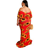 Red Off Shoulder Ruffle Sunflower Maxi Mermaid Dress